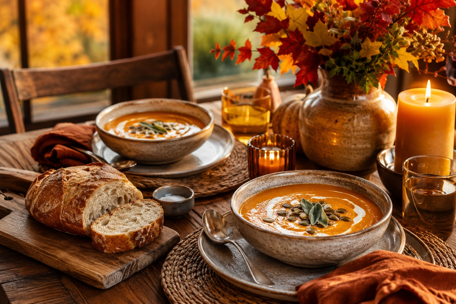 Bowls of velvety pumpkin soup on a rustic dining table